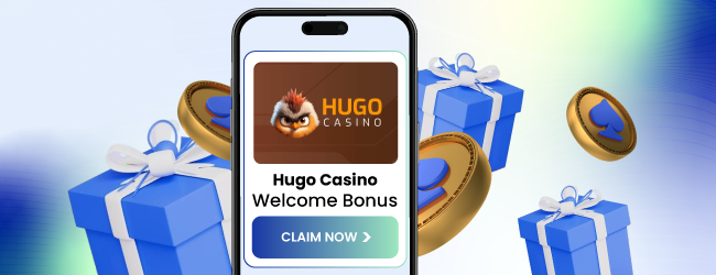 Hugo Casino welcome bonus promotion with gift boxes and claim now button