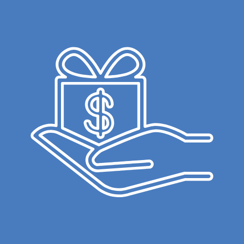 Line icon of a hand holding a gift box with a dollar sign, representing claiming bonuses or rewards.