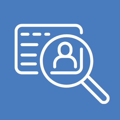 A simple icon depicting a magnifying glass over a user profile, symbolizing a search or investigation process.