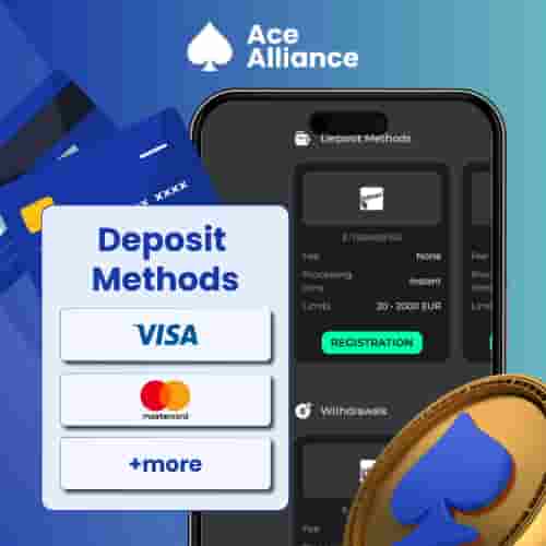 Deposit methods on mobile including Visa and Mastercard options.