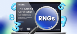 RNG testing for fair gameplay at licensed online casinos in Canada shown on a laptop screen with floating numbers.