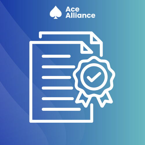 Document with approval badge icon on blue Ace Alliance background.