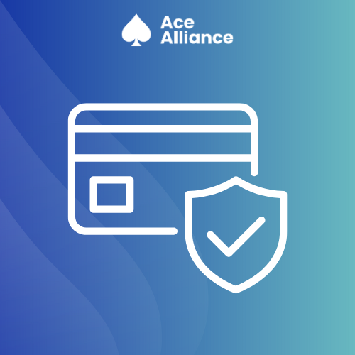 Credit card with security shield icon on blue Ace Alliance background.
