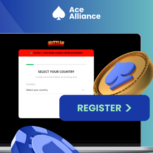 Huzzlin registration screen on desktop with country selection and register button.