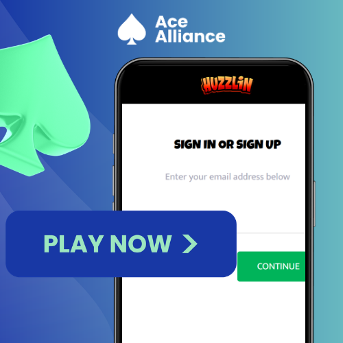 Mobile view of Huzzlin casino homepage with play now button and casino interface.