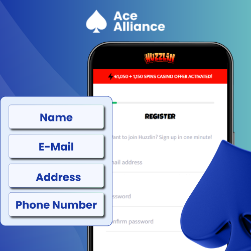 Huzzlin registration screen on mobile showing fields for name, email, address, and phone number.