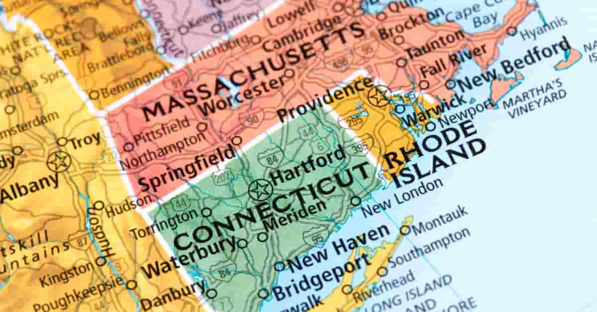 Close-up of a map showing Connecticut, Massachusetts, and Rhode Island. 