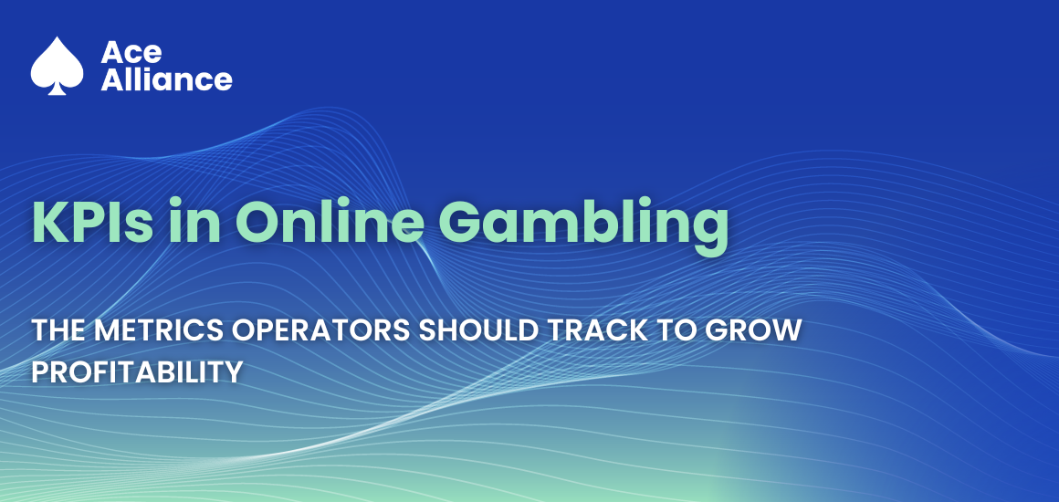 KPIs in online gambling banner with green headline and white profitability subtitle.