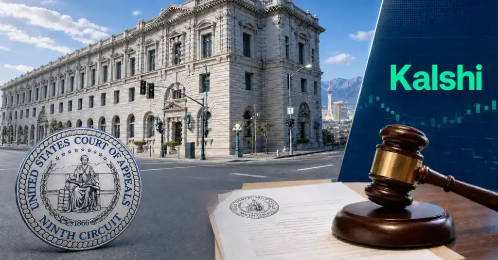 Ninth Circuit courthouse seal and gavel beside Kalshi branding illustrating Nevada’s sports contracts ruling