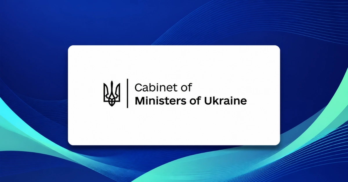 Cabinet of Ministers of Ukraine logo displayed on an Ace Alliance blue and mint wave background