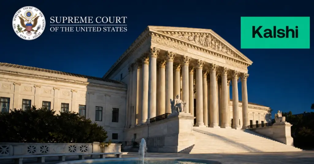 U.S. Supreme Court building with the Supreme Court seal and Kalshi logo displayed against a dark blue background.