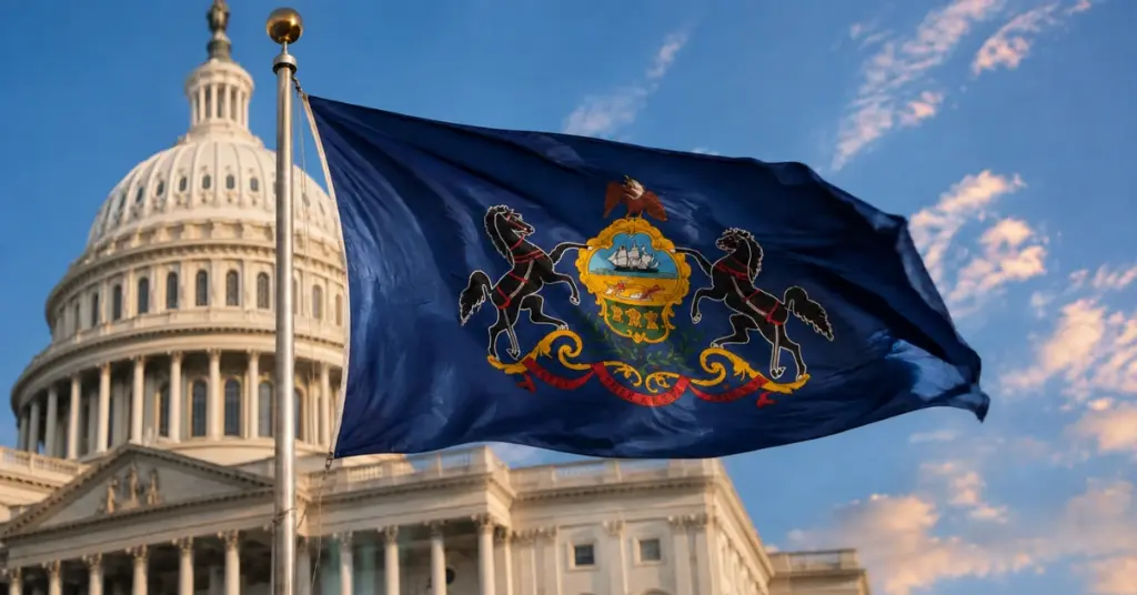 Pennsylvania state flag waving in front of a domed government building during debate over proposed skill games regulation
