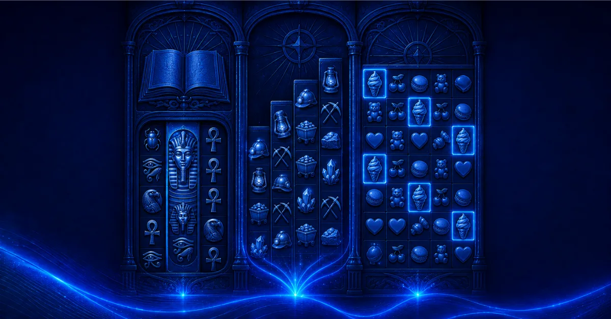 Blue panels comparing Book Of, Megaways and Pay Anywhere through Egyptian symbols, variable reels and scattered candy wins.