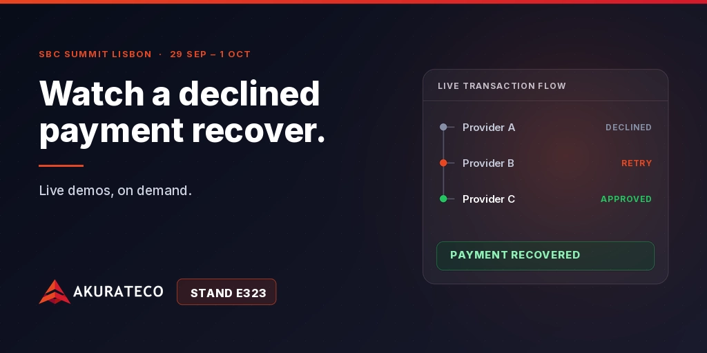 Akurateco live payment recovery demo at SBC Summit Lisbon, showing a declined transaction rerouted and approved.