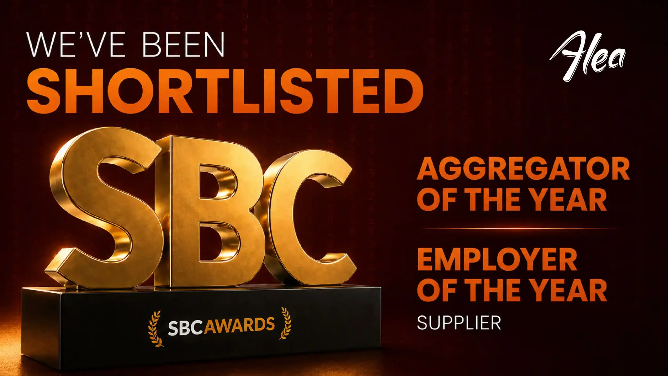 Gold SBC Awards trophy beside Alea’s logo and its two shortlisted categories.