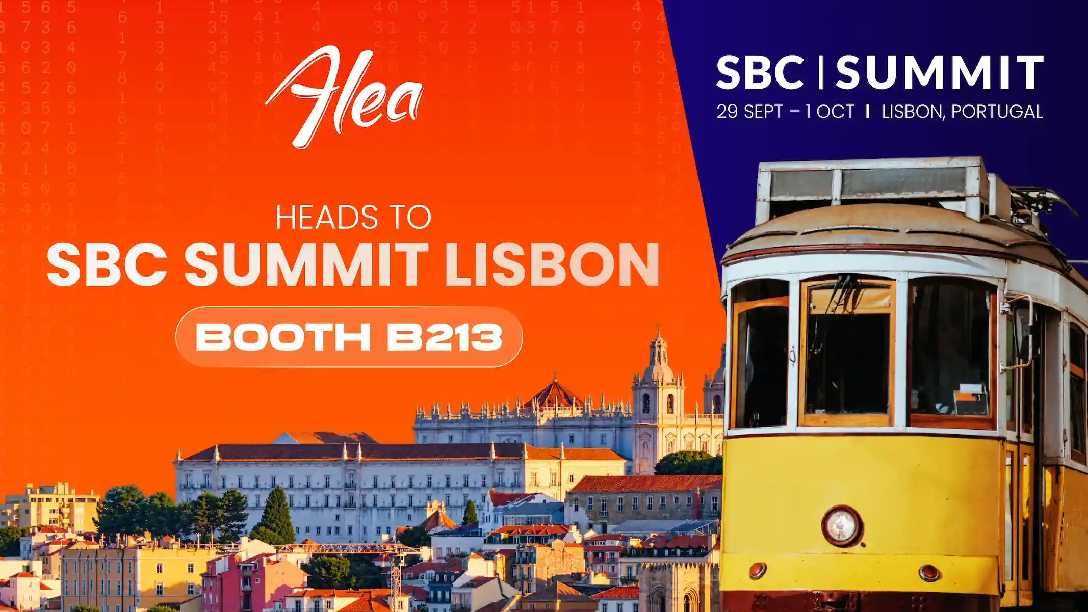 Alea’s SBC Summit Lisbon banner shows a yellow tram and city skyline, with the dates 29 September–1 October and Booth B213.