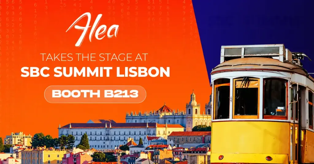 Alea’s SBC Summit Lisbon banner featuring Booth B213, a yellow tram and the Lisbon skyline.