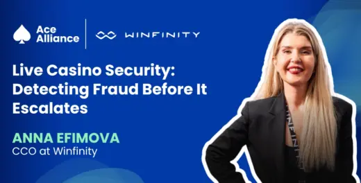 Anna Efimova on an Ace Alliance and Winfinity banner about live casino fraud detection.