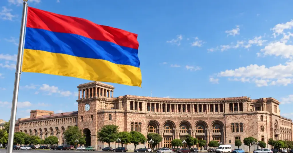 Armenian flag waving in front of the government building in Yerevan