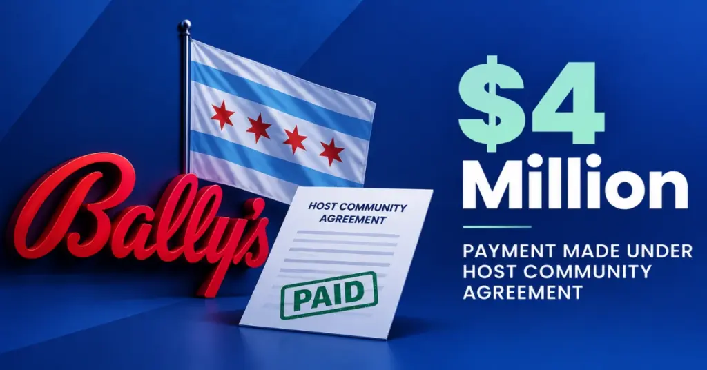 Bally’s logo and Chicago flag beside a paid Host Community Agreement graphic highlighting the company’s $4 million payment to the city.