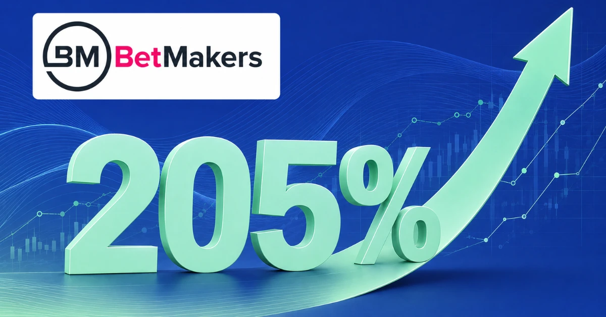 BetMakers logo beside a 205 percent growth figure and upward arrow in Ace Alliance colours