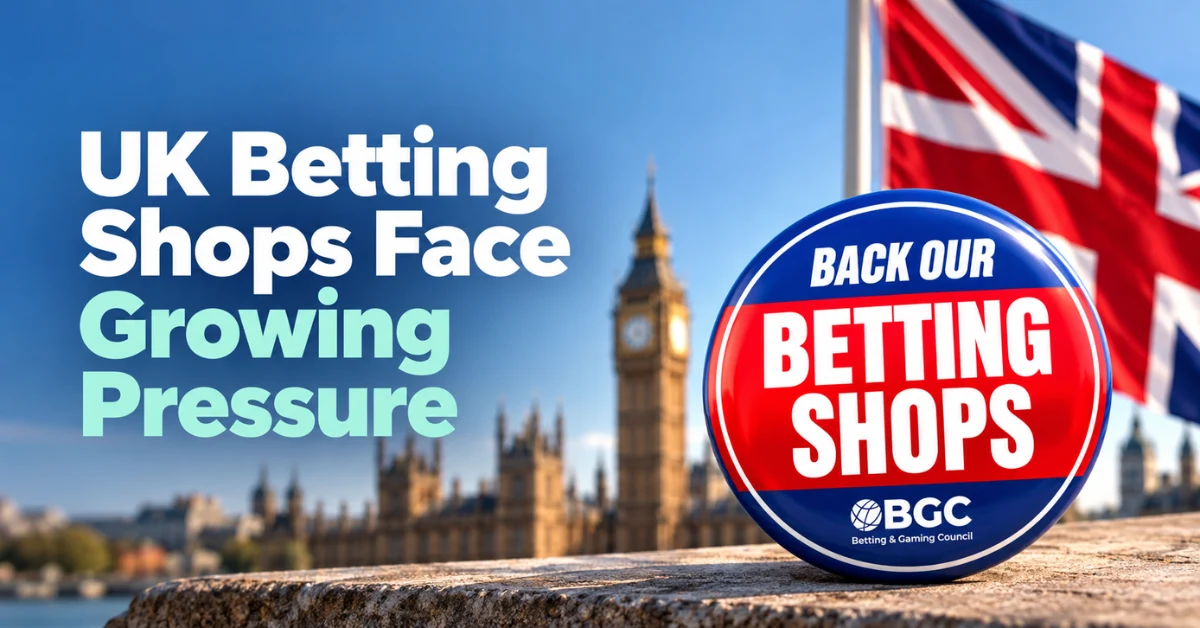 Featured image showing a Back Our Betting Shops campaign badge with the BGC logo, a UK flag and the Houses of Parliament in the background, alongside the text UK Betting Shops Face Growing Pressure.