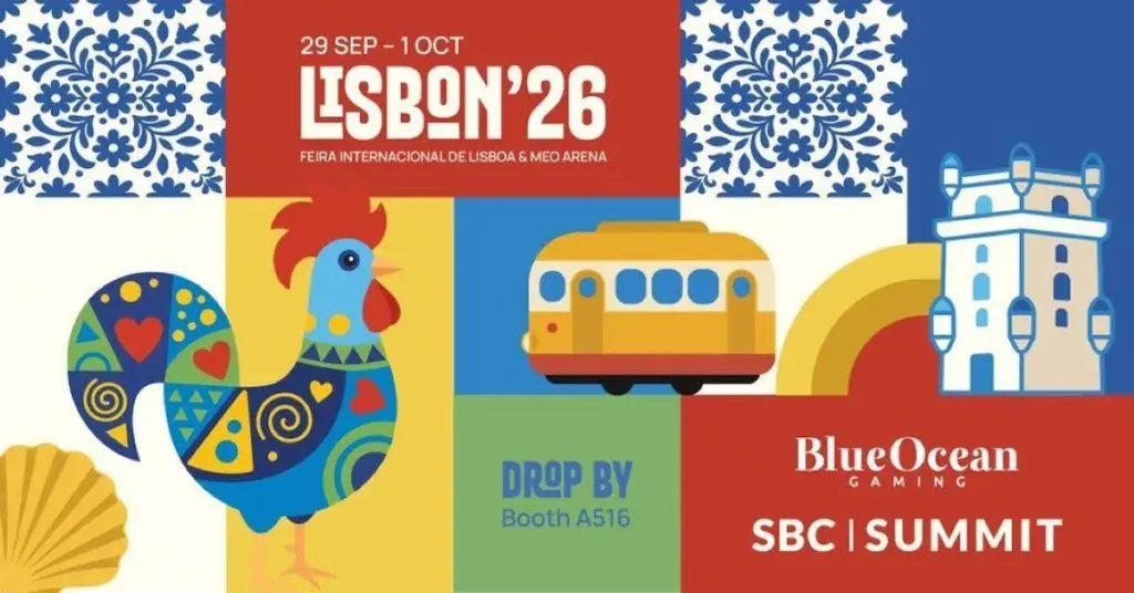 BlueOcean Gaming’s SBC Summit 2026 graphic inviting visitors to Booth A516 in Lisbon from 29 September to 1 October.