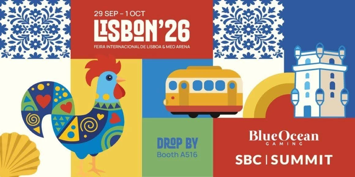 Colourful Lisbon-themed illustration promoting BlueOcean Gaming at SBC Summit 2026, with event dates and Booth A516.