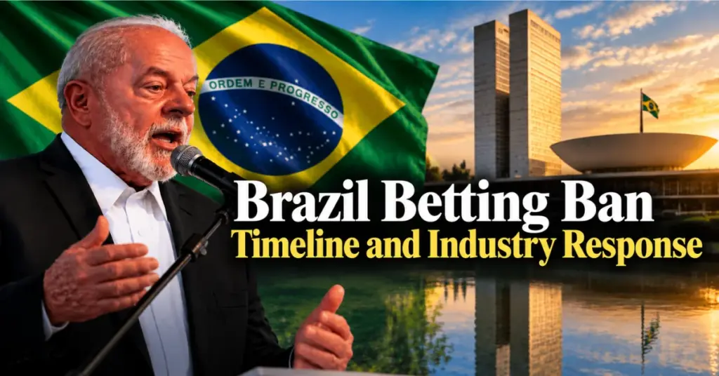 Brazil betting ban illustration featuring President Lula, the Brazilian flag and Brasília’s National Congress, highlighting the timeline and industry response.