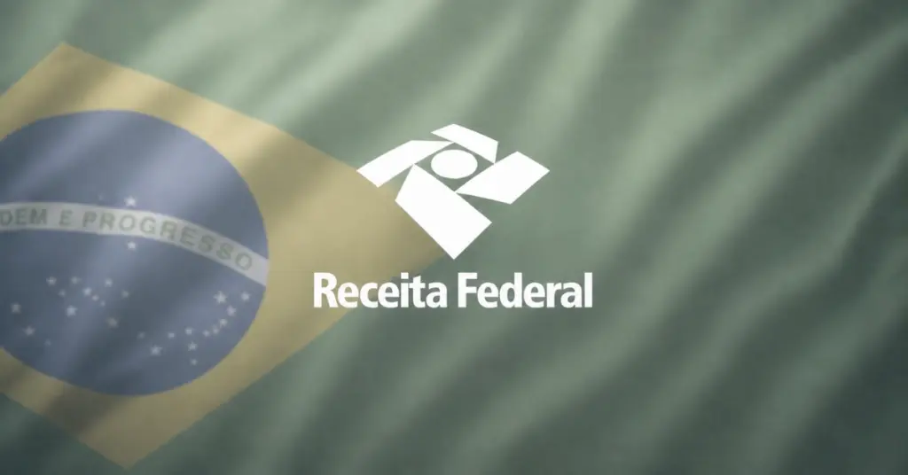 Receita Federal logo centred over a softly blurred Brazilian flag background.