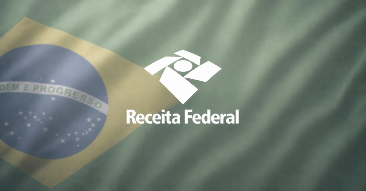 Receita Federal logo centred over a softly blurred Brazilian flag background.