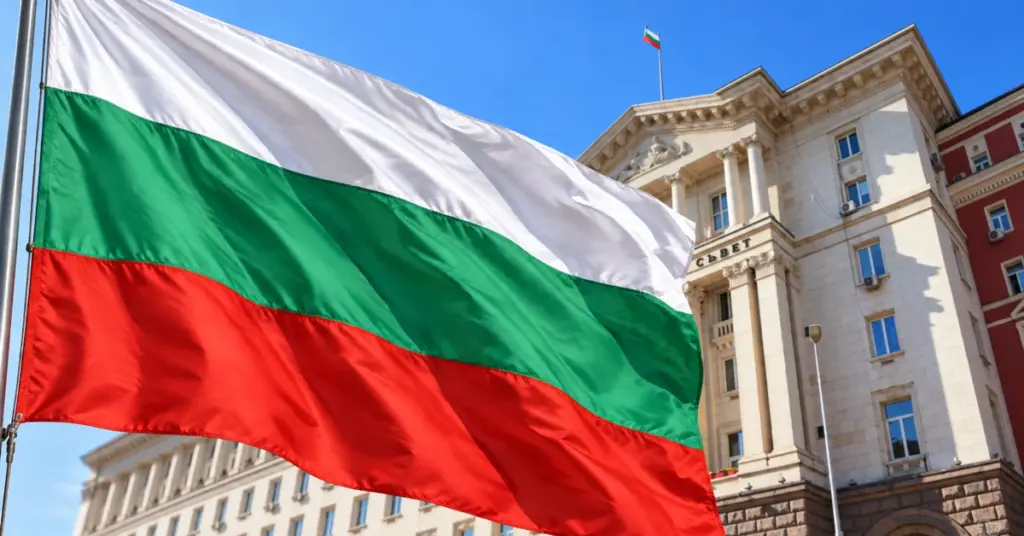 Bulgarian flag waving in front of the Council of Ministers building in Sofia