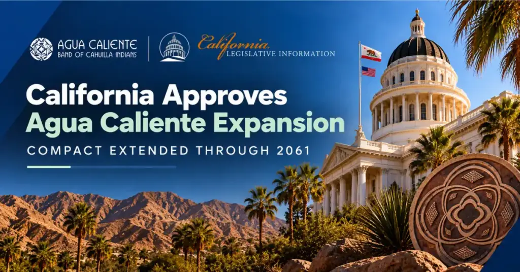 California Capitol and Agua Caliente imagery highlighting the approved gaming expansion and compact extension through 2061.