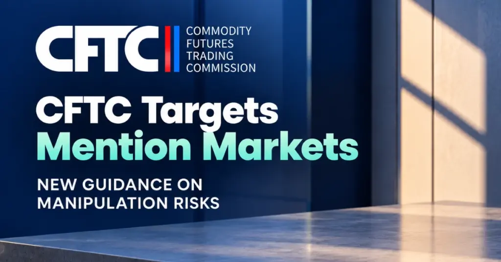 CFTC news graphic reading CFTC Targets Mention Markets with the subheadline New Guidance on Manipulation Risks against a clean blue institutional background.