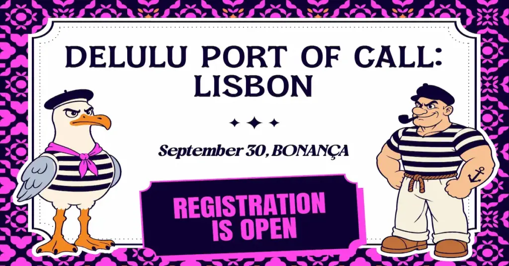 DELULU Port of Call Lisbon event graphic announcing registration for the 30 September dinner at Bonança.