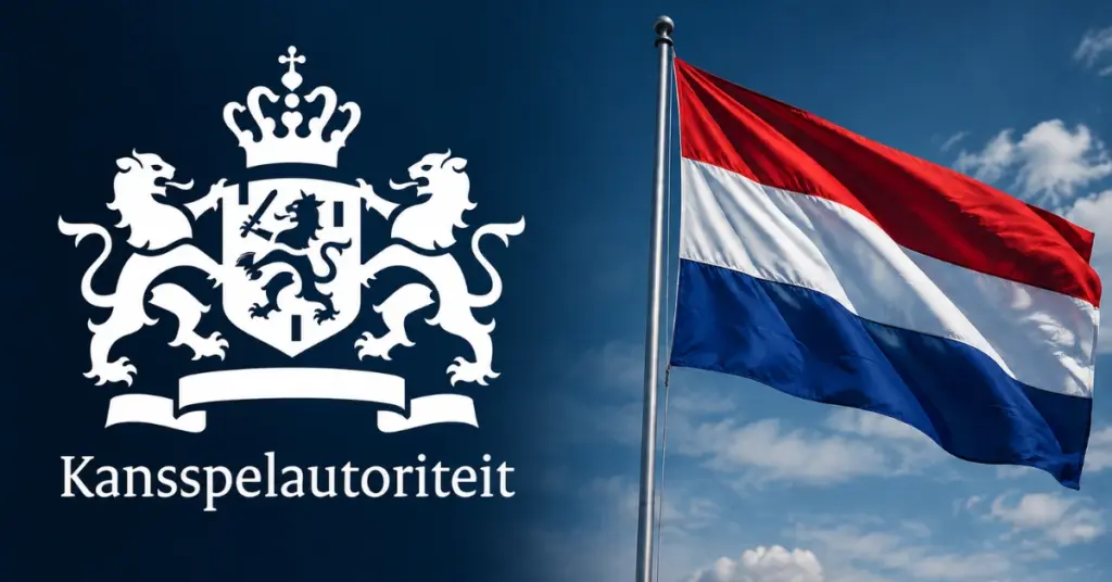 Kansspelautoriteit logo beside the Netherlands flag against a blue sky