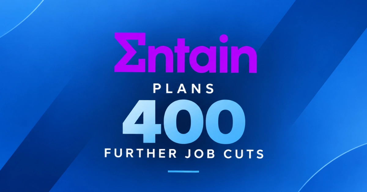 Entain graphic highlighting plans to cut a further 400 jobs against a blue background.