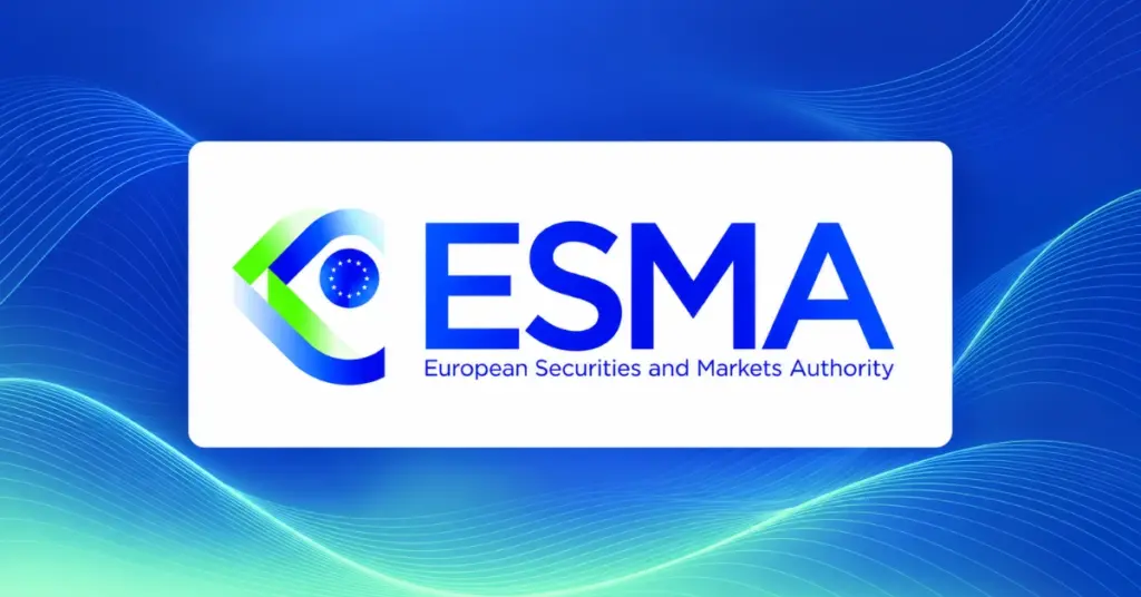 ESMA logo on a white panel against a blue background with flowing mint and turquoise lines.