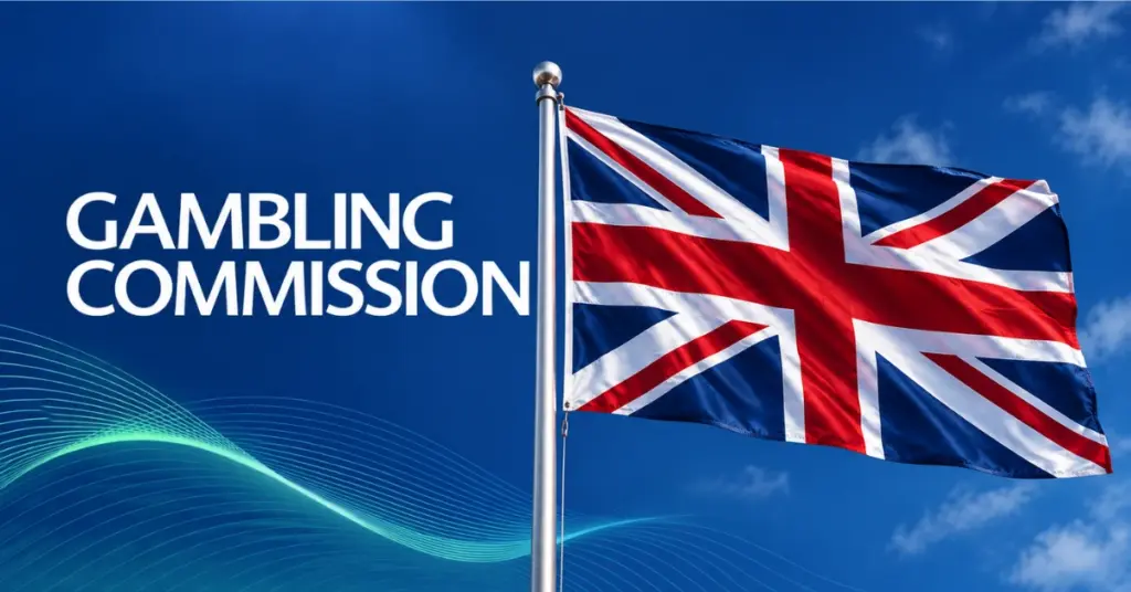 UK Gambling Commission graphic featuring the Union Jack against a blue background with flowing wave elements.