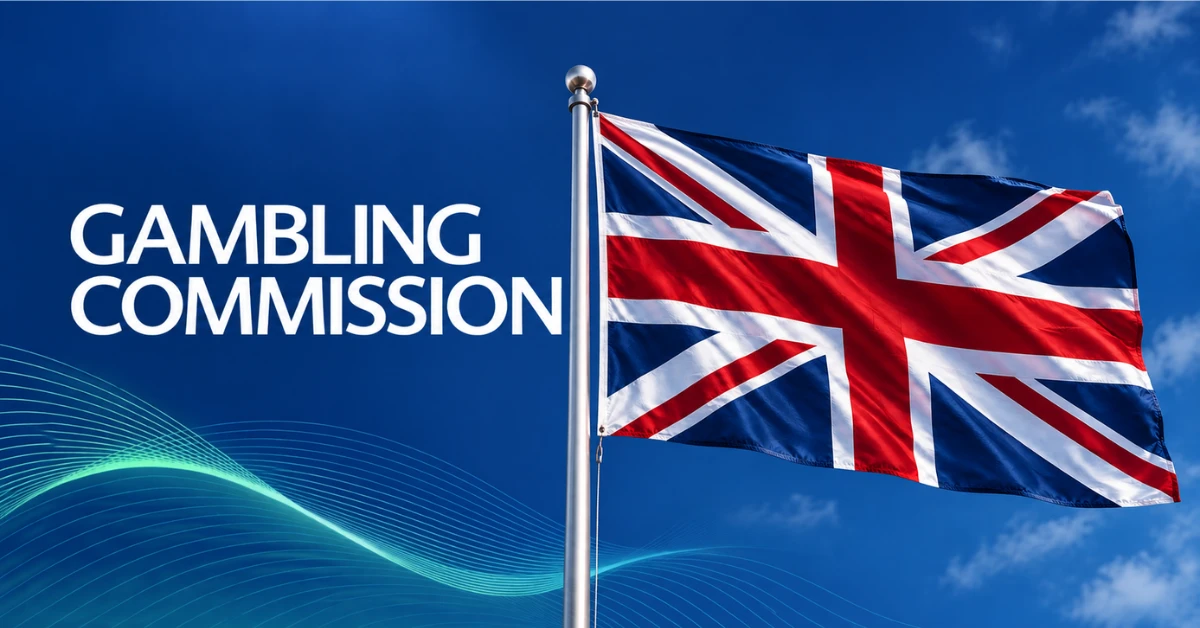 UK Gambling Commission graphic featuring the Union Jack against a blue background with flowing wave elements.