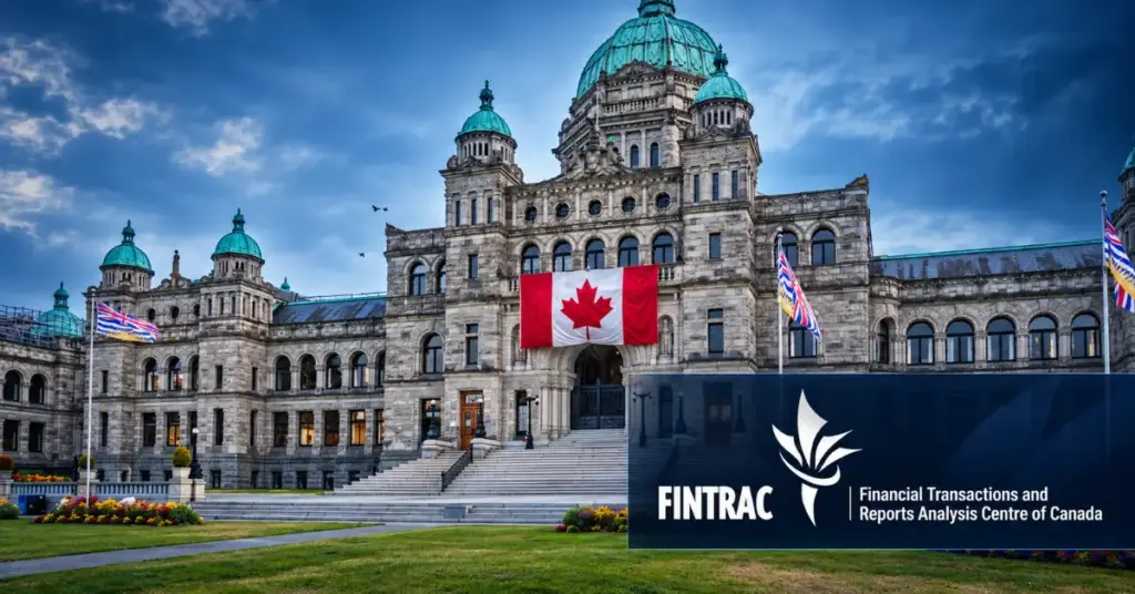 FINTRAC logo displayed beside a Canadian government building following AML penalties against two gaming corporations