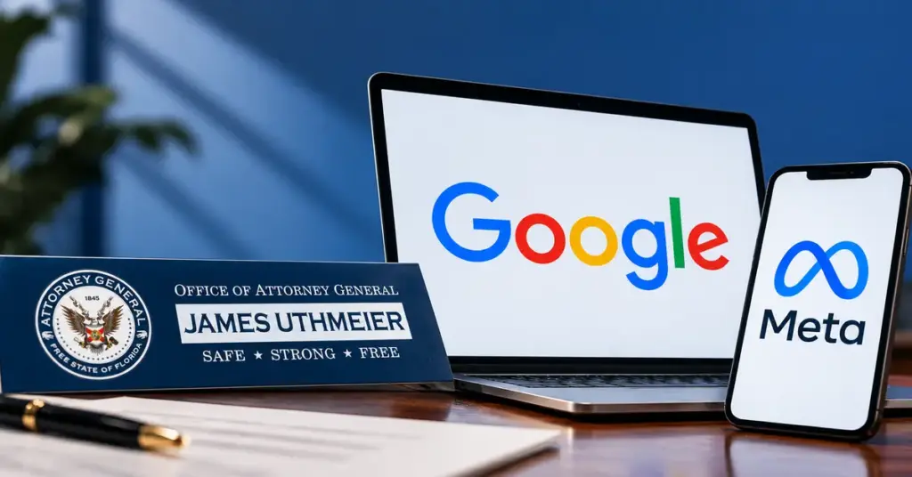 Florida Attorney General James Uthmeier branding displayed beside Google and Meta logos on digital devices against a blue background.