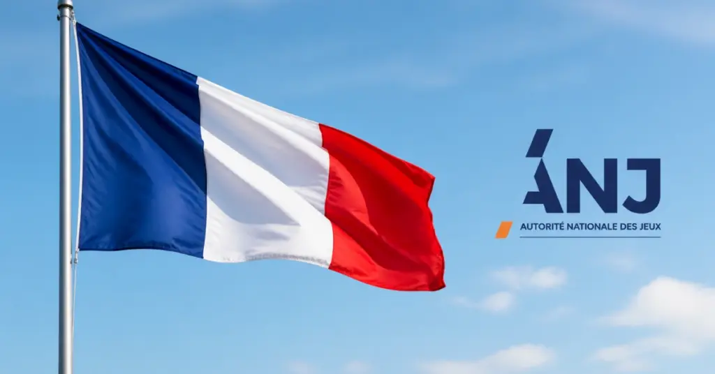 French flag flying beside the ANJ logo against a clear blue sky representing France’s gambling regulator.