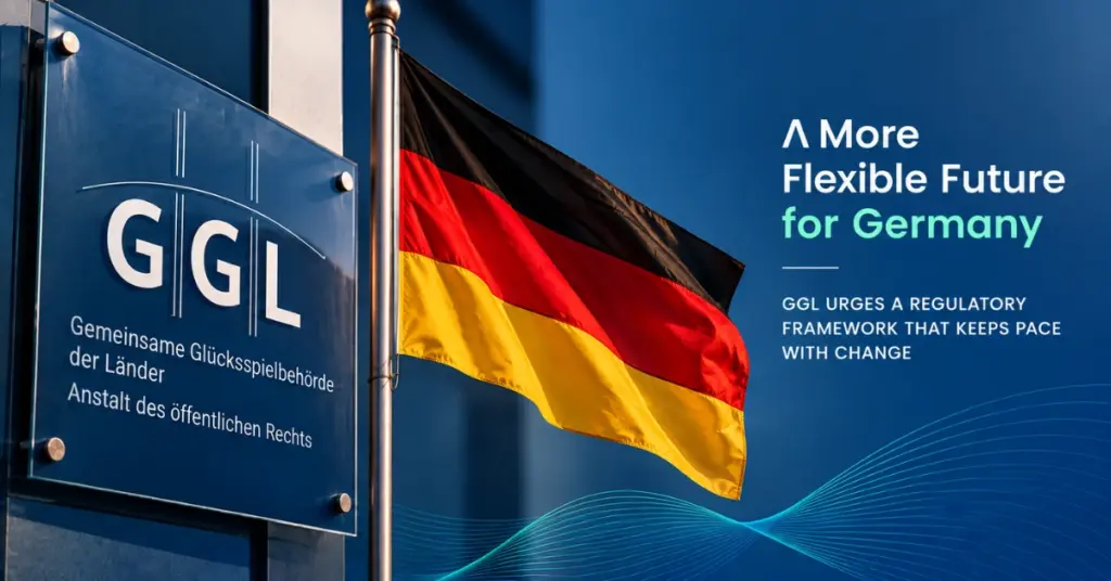 GGL sign and German flag against a blue background with text highlighting calls for a more flexible gambling regulatory framework in Germany.
