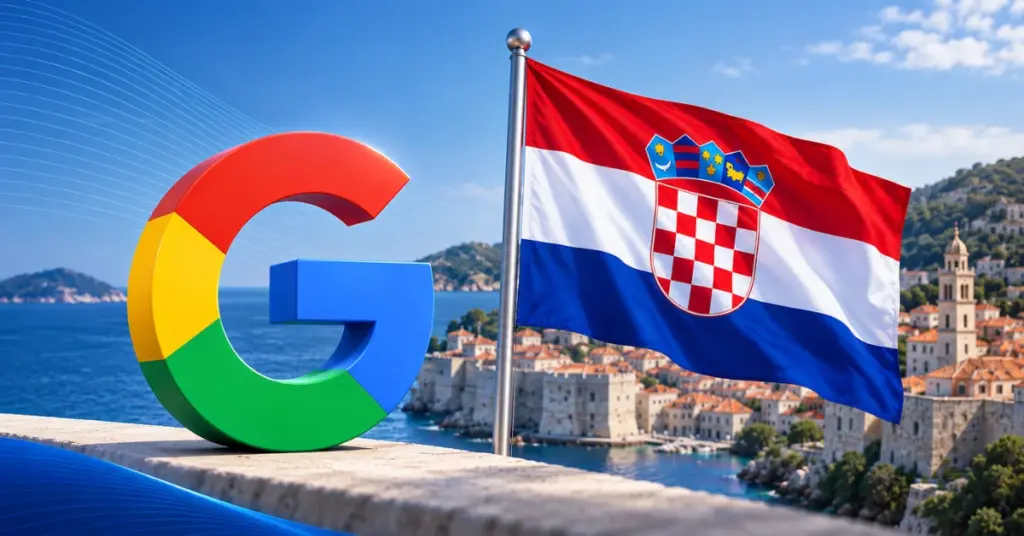 Google logo beside the Croatian flag overlooking a coastal city, illustrating Google’s new restrictions on gambling affiliate advertising in Croatia.