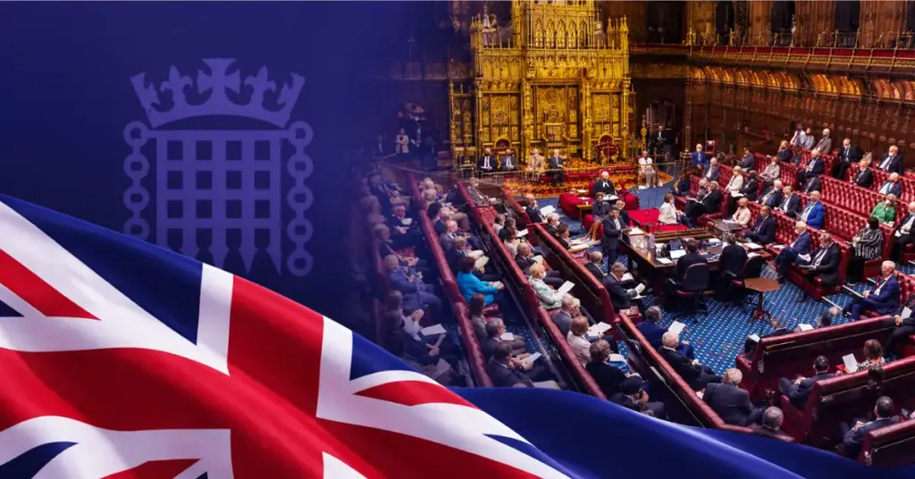 UK Parliament chamber with members seated during a session, alongside a Union Jack and a stylised parliamentary emblem on a dark blue background.