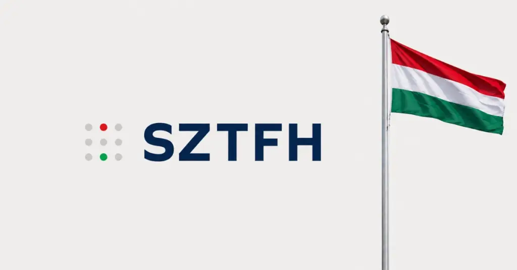 SZTFH logo beside the Hungarian flag flying on a flagpole against a plain white background