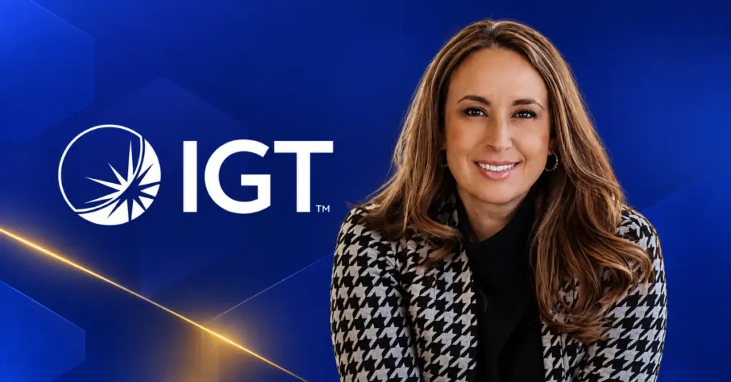 Jamie Knight alongside the IGT logo on a blue corporate background following her appointment as Chief Studios Officer.