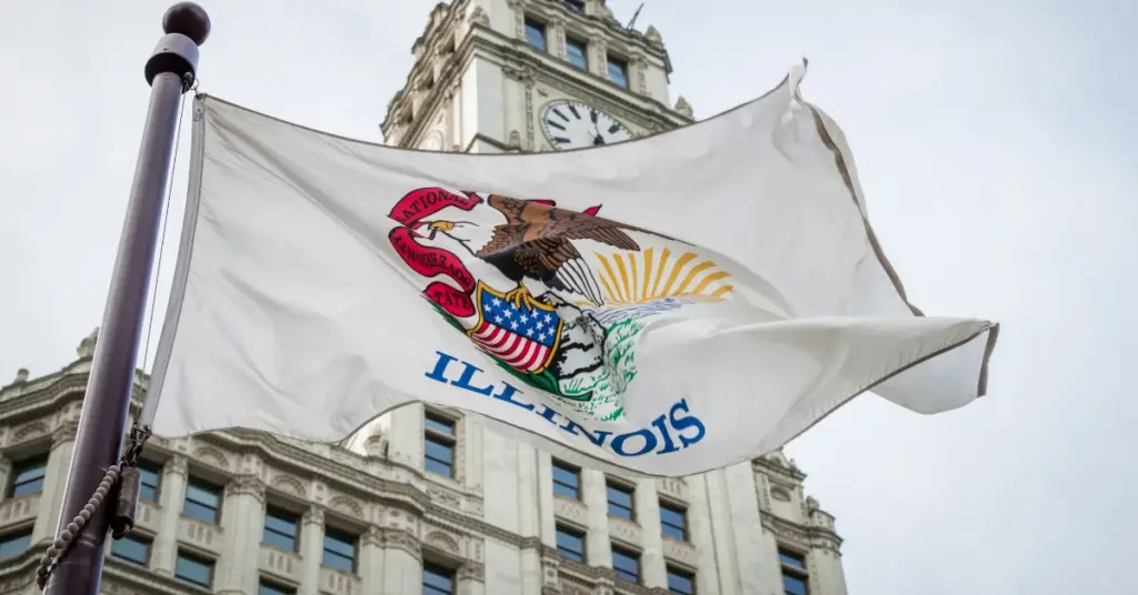 Illinois state flag waving outside a government building as regulators consider gambling self exclusion reforms
