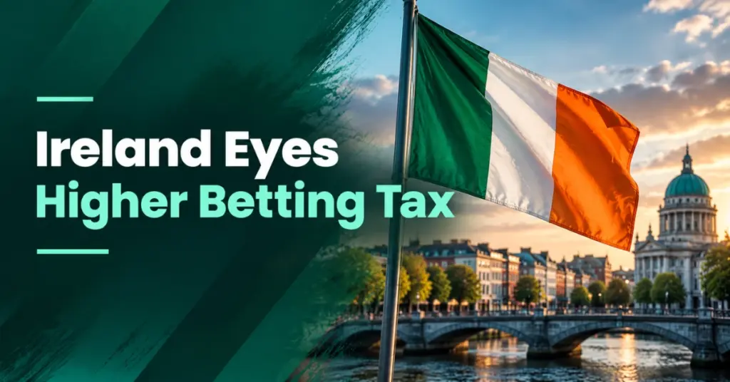 Irish flag waving over a Dublin cityscape with the text Ireland Eyes Higher Betting Tax on a dark green news-style background.